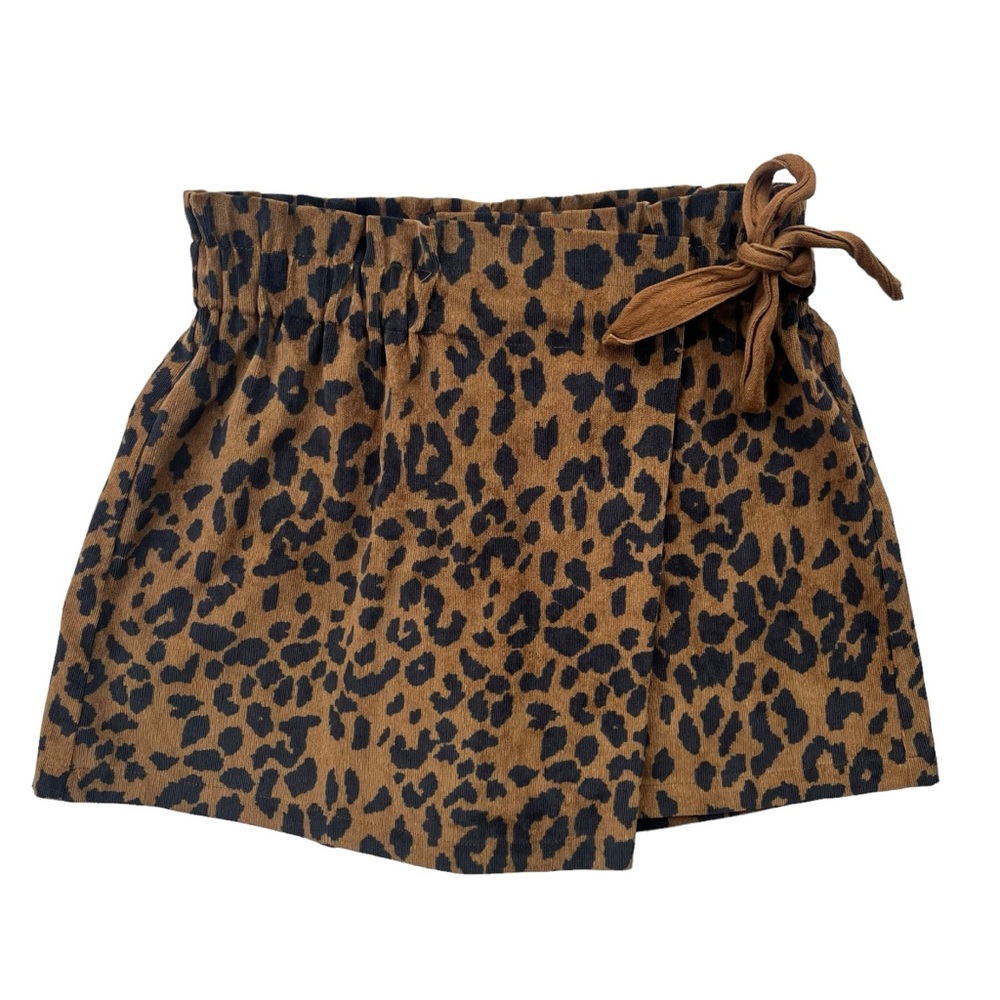 Entro Womens Sz Large Brushed Corduroy Brown Black Cheetah Wrap Tie Shorts Skort